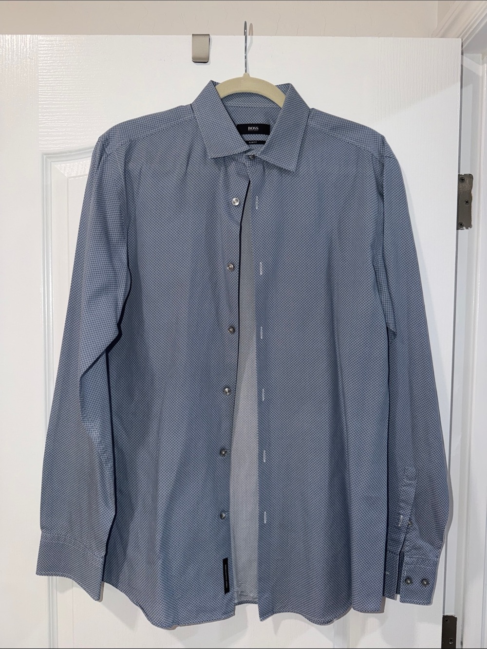 Boss Men's Blue Patterned Spread Collar Dress Shirt